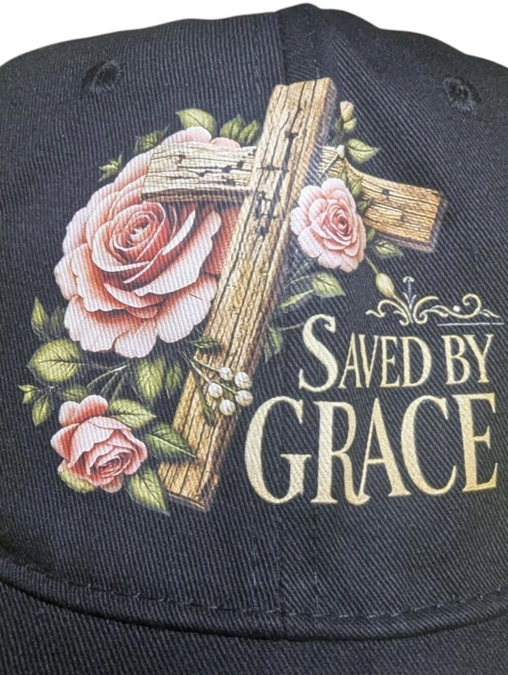 NEW Saved By Grace Redeemed Black Baseball Cap O/S Adjustable Hat Cross Floral